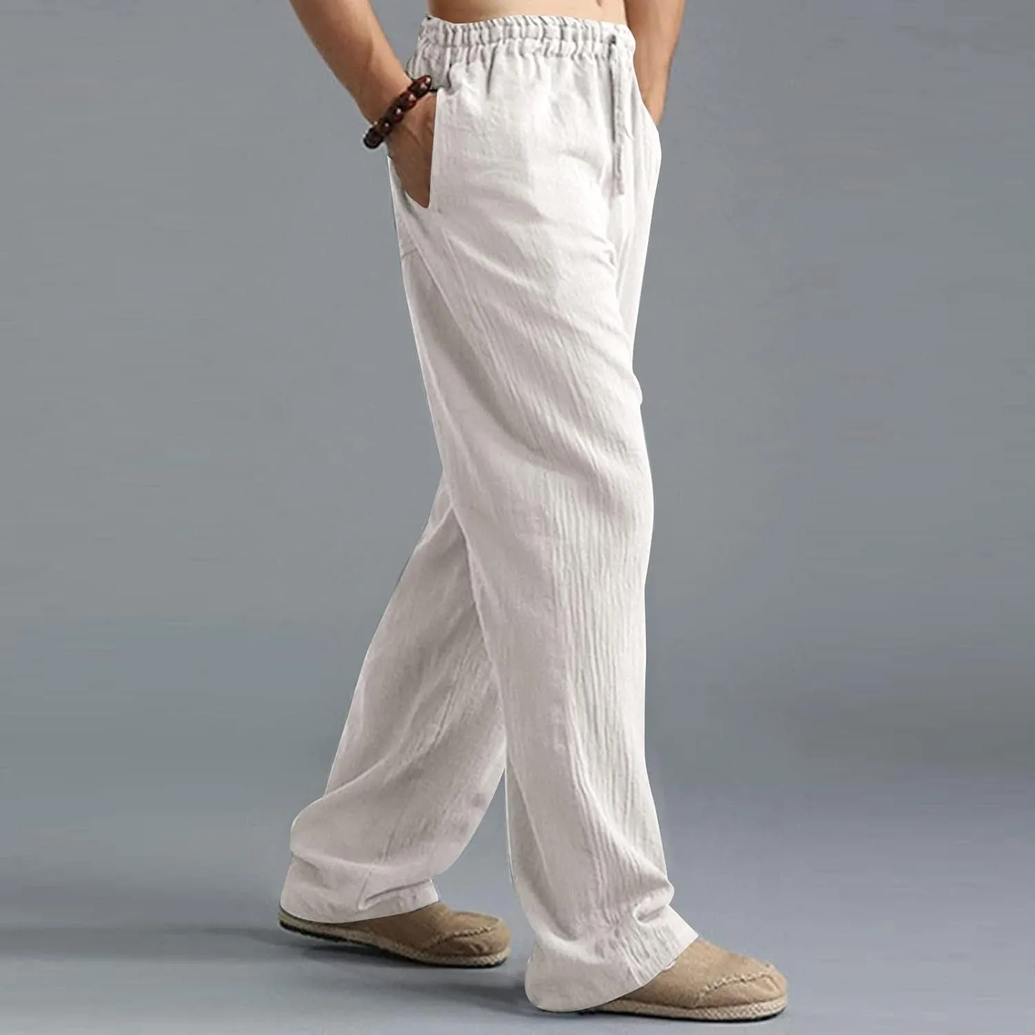 Mens Linen Pants Big and Tall Summer Elastic Waist Drawstring Beach Athletic Pants for Workout, Jogging, Running
