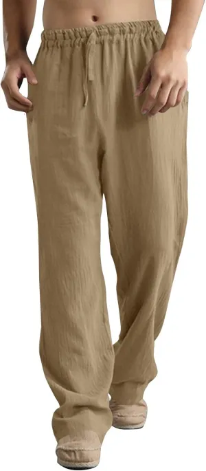 Mens Linen Pants Big and Tall Summer Elastic Waist Drawstring Beach Athletic Pants for Workout, Jogging, Running
