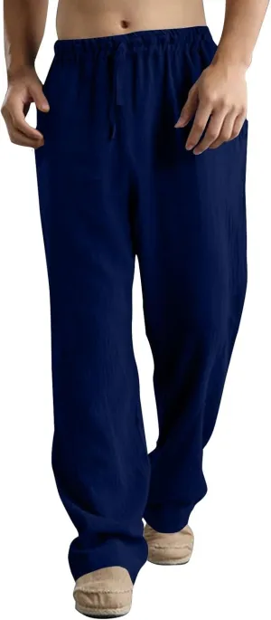 Mens Linen Pants Big and Tall Summer Elastic Waist Drawstring Beach Athletic Pants for Workout, Jogging, Running