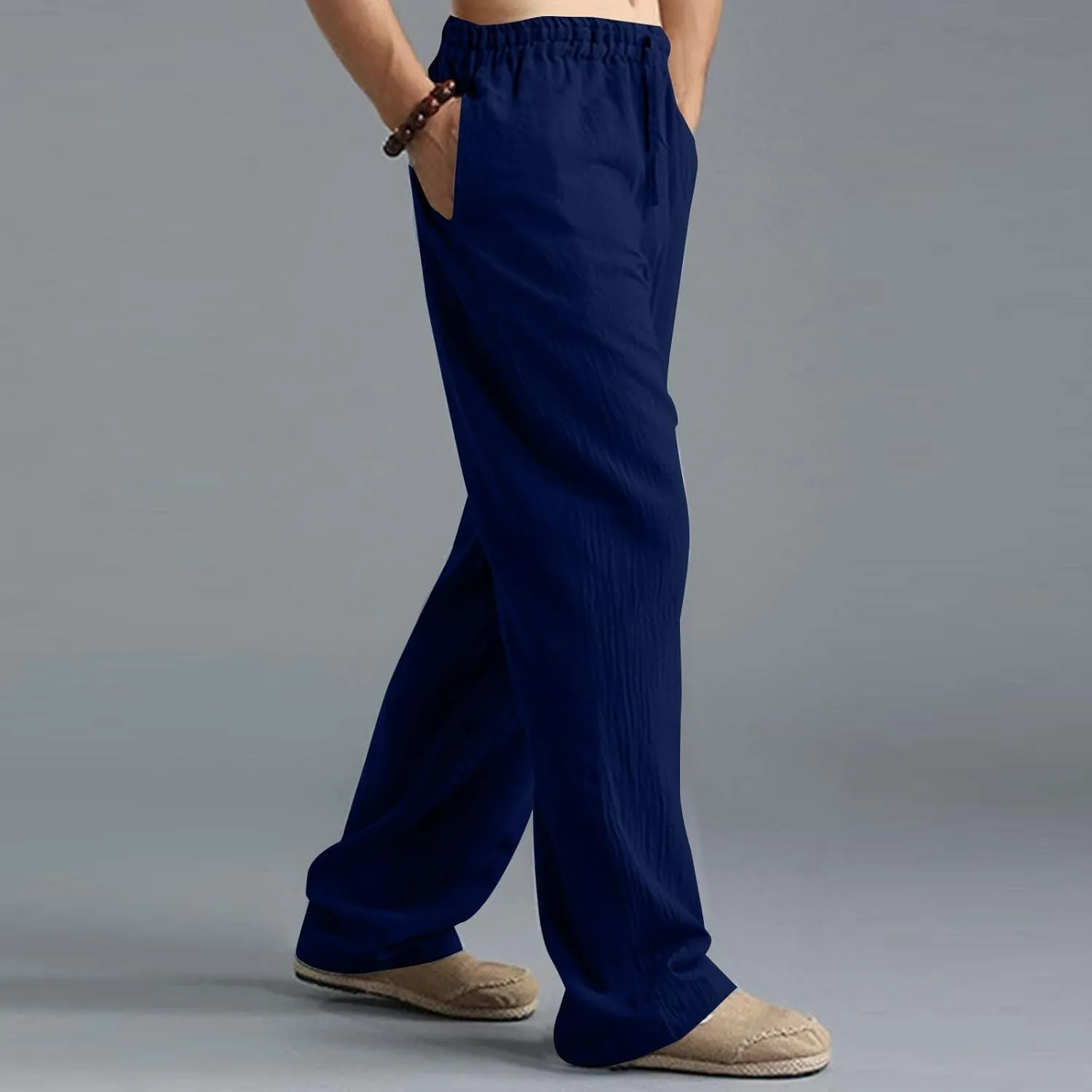 Mens Linen Pants Big and Tall Summer Elastic Waist Drawstring Beach Athletic Pants for Workout, Jogging, Running