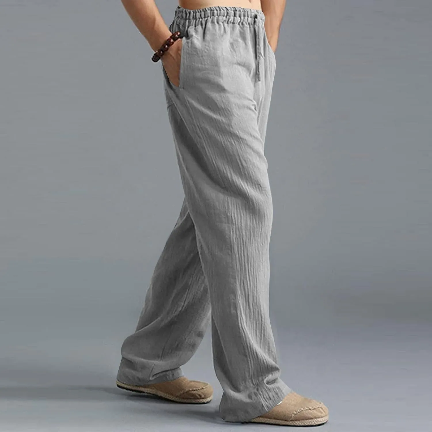 Mens Linen Pants Big and Tall Summer Elastic Waist Drawstring Beach Athletic Pants for Workout, Jogging, Running