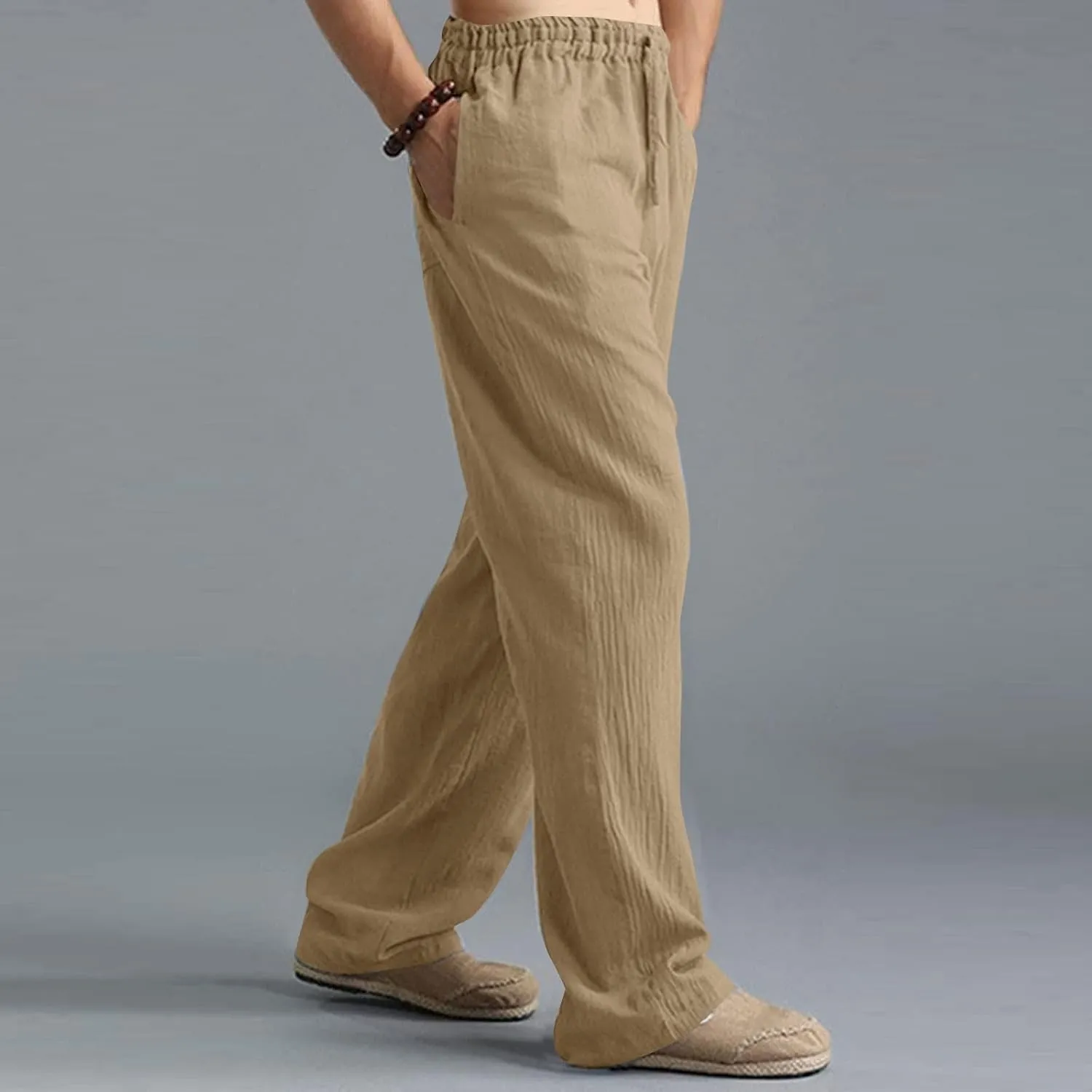 Mens Linen Pants Big and Tall Summer Elastic Waist Drawstring Beach Athletic Pants for Workout, Jogging, Running