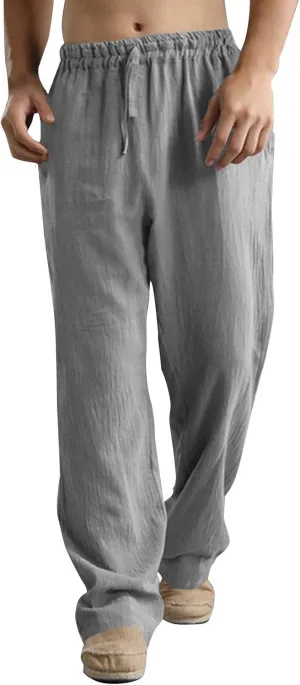 Mens Linen Pants Big and Tall Summer Elastic Waist Drawstring Beach Athletic Pants for Workout, Jogging, Running