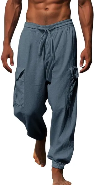 Mens Linen Pants Big Tall Casual Drawstring Elastic Waist Beach Yoga Pants Summer Lightweight Trouser with Pockets