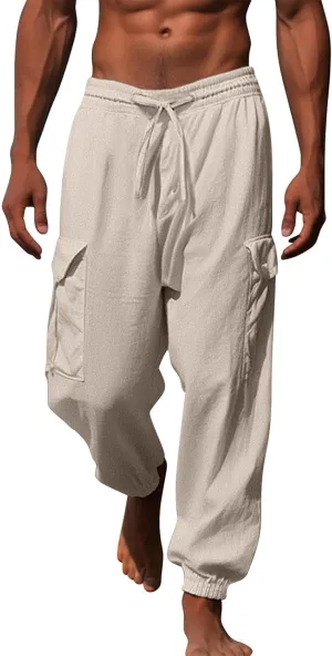 Mens Linen Pants Big Tall Casual Drawstring Elastic Waist Beach Yoga Pants Summer Lightweight Trouser with Pockets