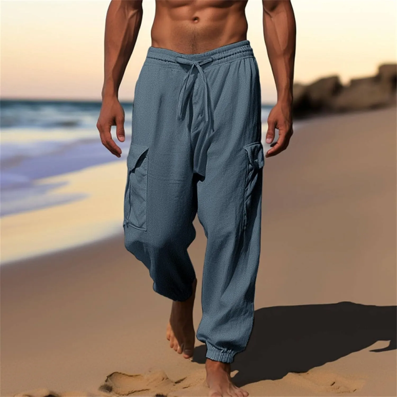 Mens Linen Pants Big Tall Casual Drawstring Elastic Waist Beach Yoga Pants Summer Lightweight Trouser with Pockets