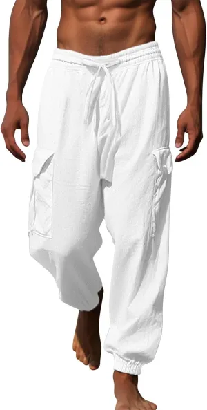 Mens Linen Pants Big Tall Casual Drawstring Elastic Waist Beach Yoga Pants Summer Lightweight Trouser with Pockets