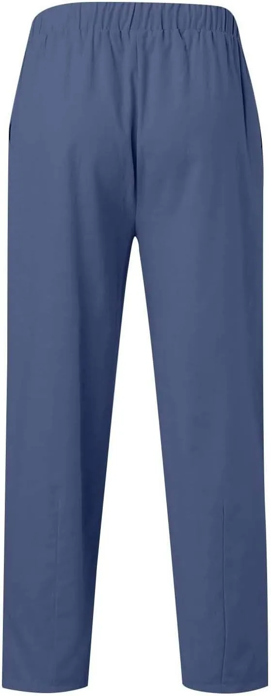 Mens Linen Pants Casual Elastic Drawstring Waist Lounge Beach Pants Summer Casual Straight Leg Dress Trousers