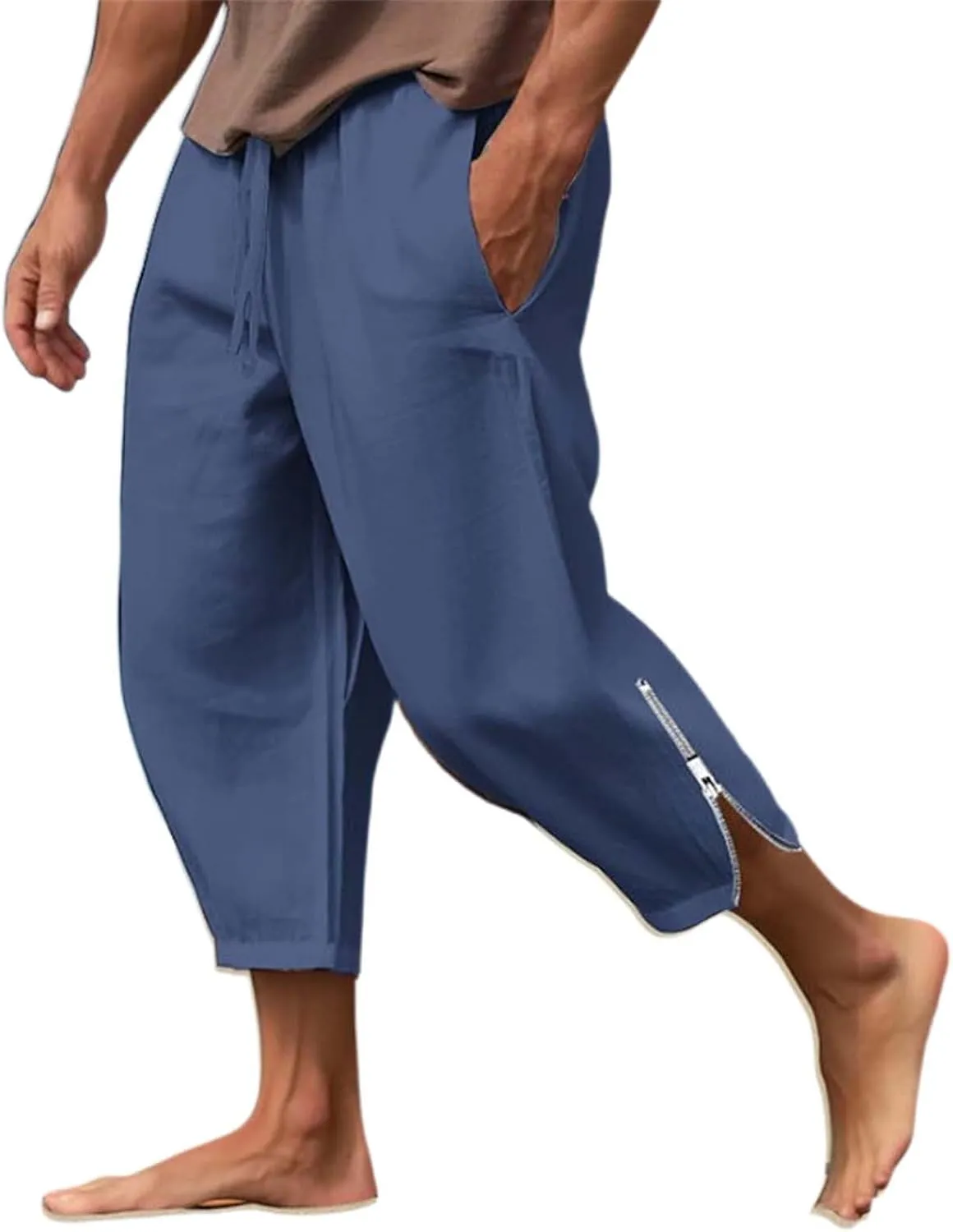 Mens Linen Pants Casual Elastic Drawstring Waist Lounge Beach Pants Summer Casual Straight Leg Dress Trousers