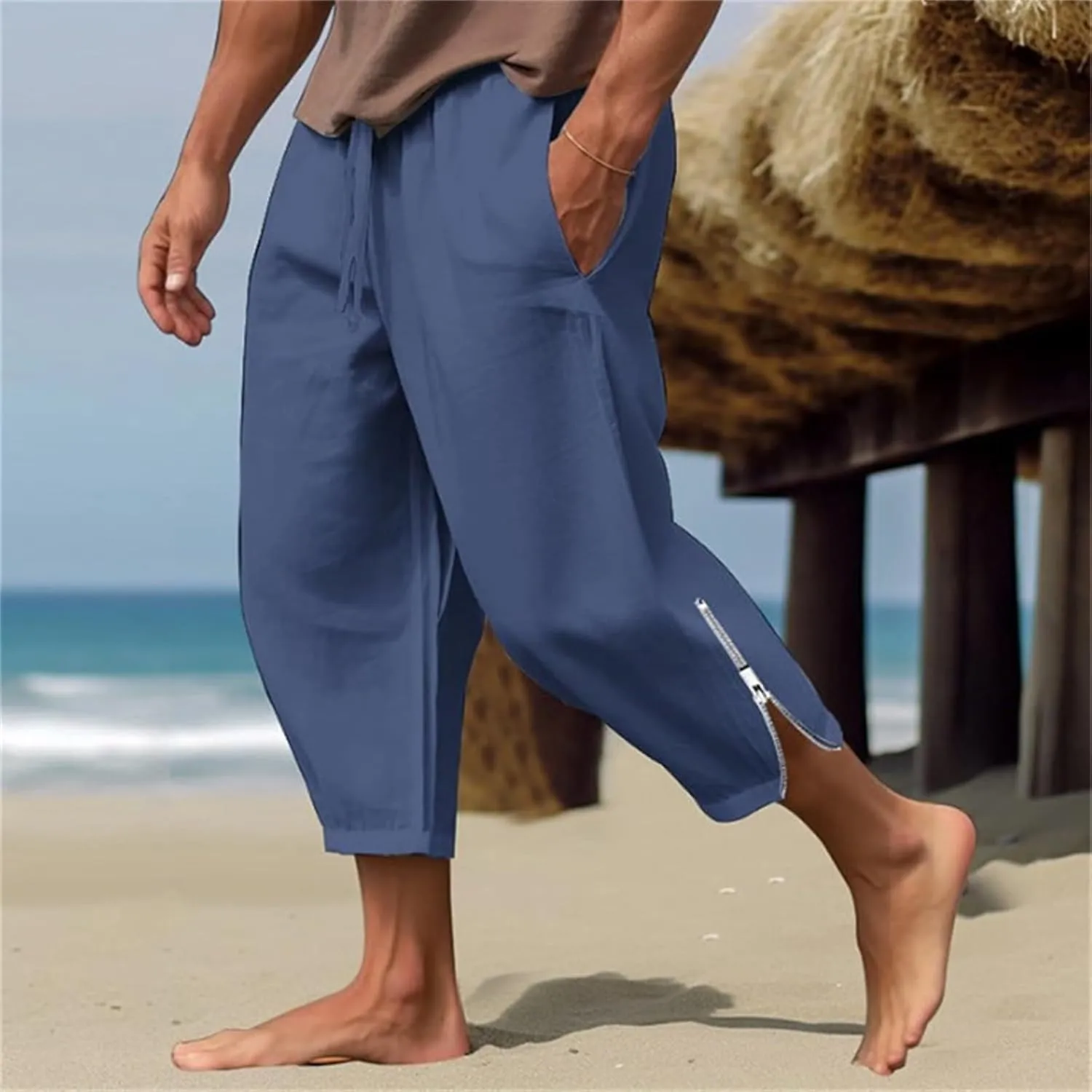 Mens Linen Pants Casual Elastic Drawstring Waist Lounge Beach Pants Summer Casual Straight Leg Dress Trousers