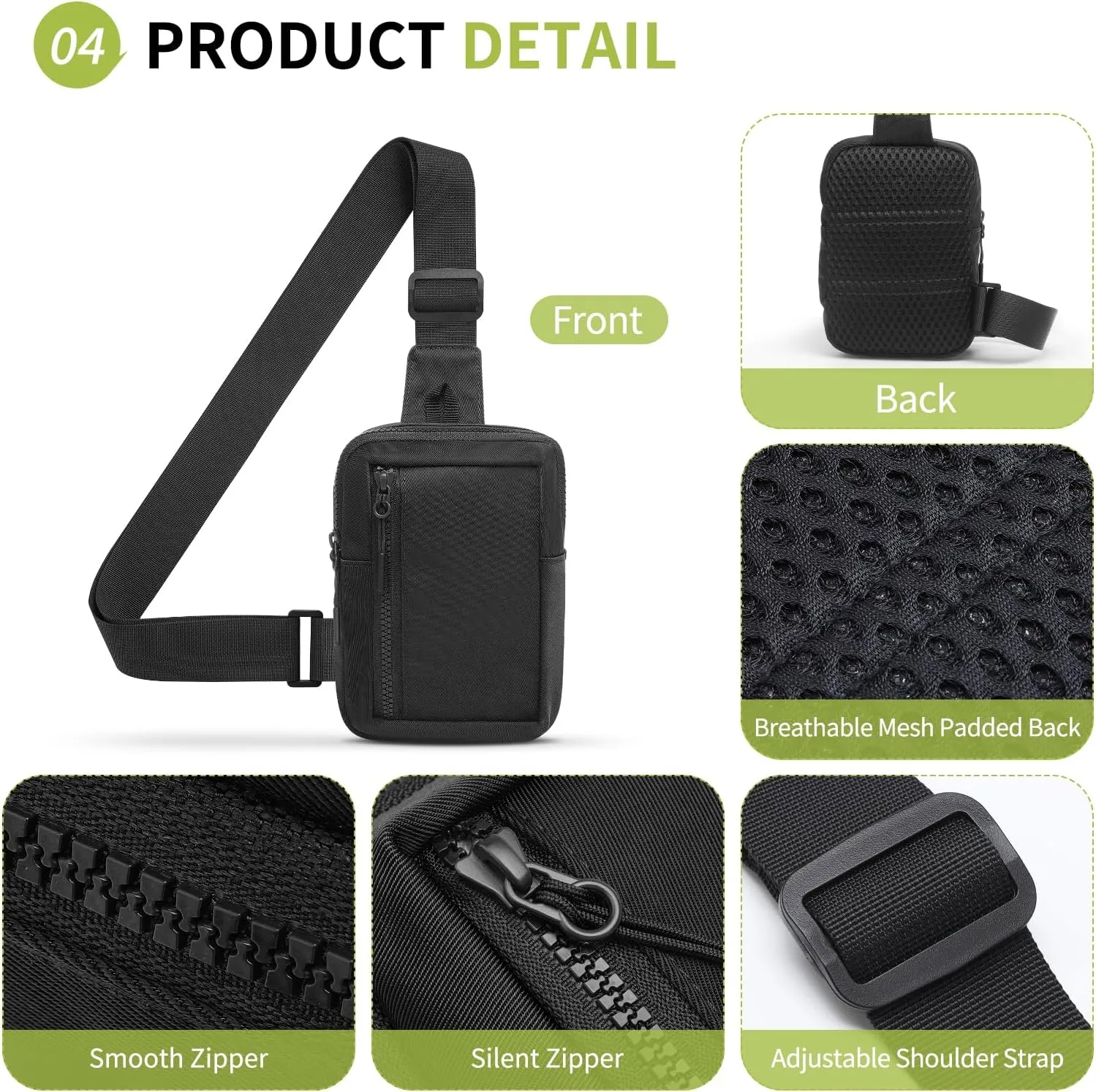 Mini Sling Bag for Men and Women, 7.5 Inch Small Anti Theft Crossbody Sling Backpack Nylon Chest Bag Fanny Pack for Travel Running Hiking (Black)