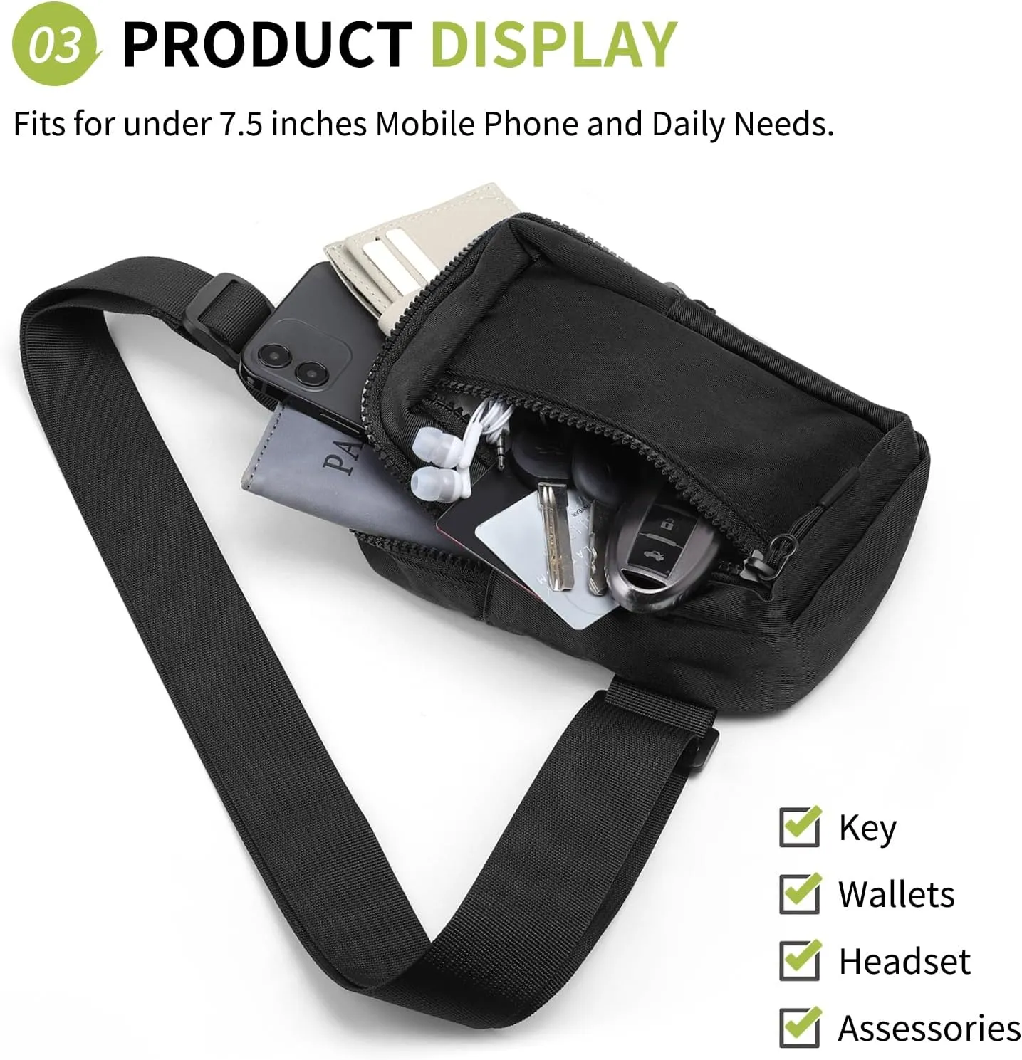 Mini Sling Bag for Men and Women, 7.5 Inch Small Anti Theft Crossbody Sling Backpack Nylon Chest Bag Fanny Pack for Travel Running Hiking (Black)