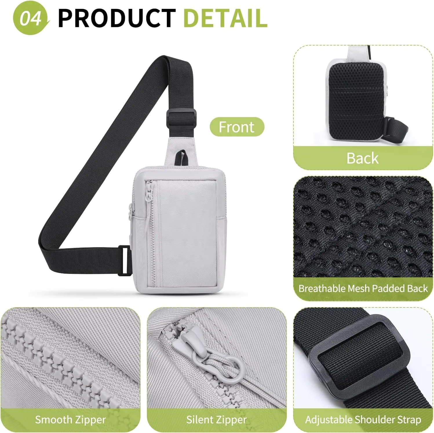 Mini Sling Bag for Men and Women, 7.5 Inch Small Anti Theft Crossbody Sling Backpack Nylon Chest Bag Fanny Pack for Travel Running Hiking (Light Grey)