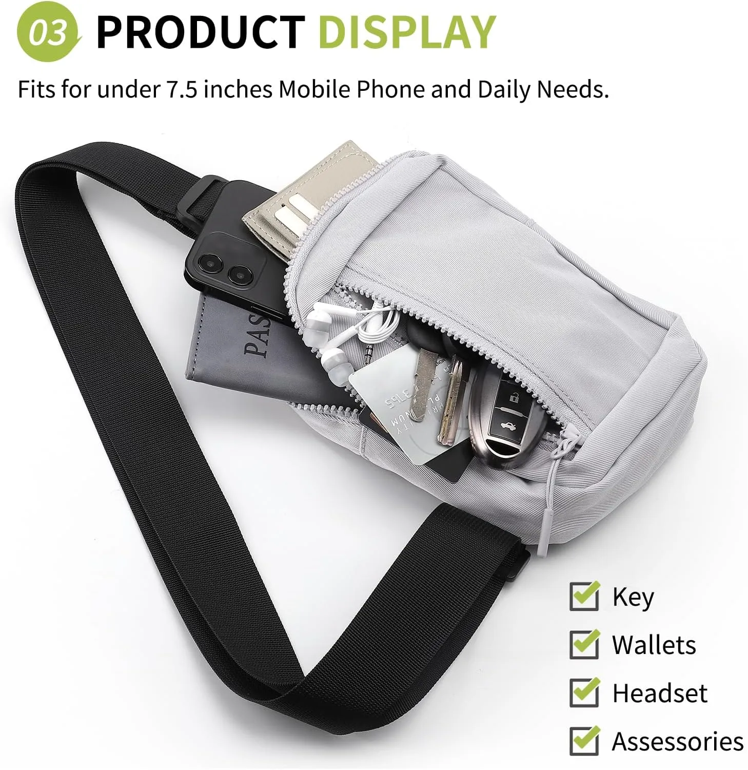 Mini Sling Bag for Men and Women, 7.5 Inch Small Anti Theft Crossbody Sling Backpack Nylon Chest Bag Fanny Pack for Travel Running Hiking (Light Grey)