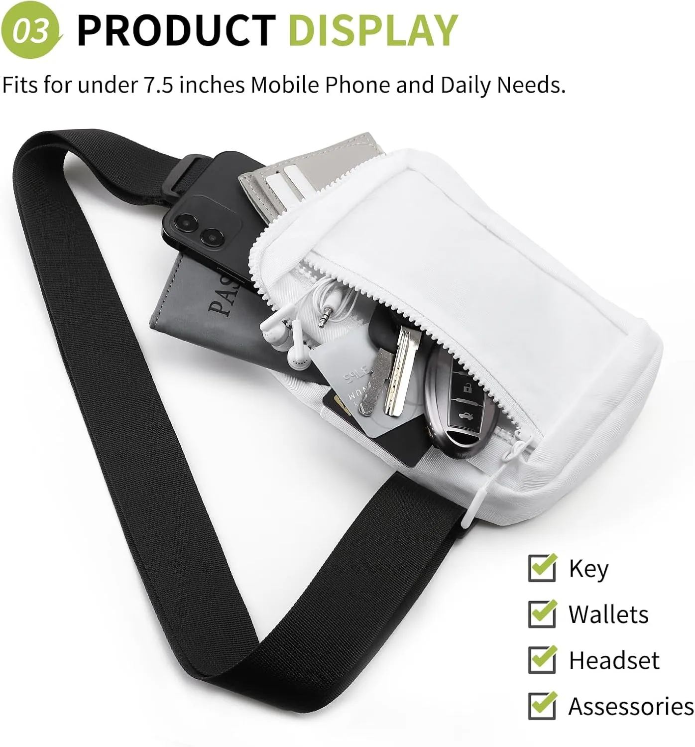 Mini Sling Bag for Men and Women, 7.5 Inch Small Anti Theft Crossbody Sling Backpack Nylon Chest Bag Fanny Pack for Travel Running Hiking (White)