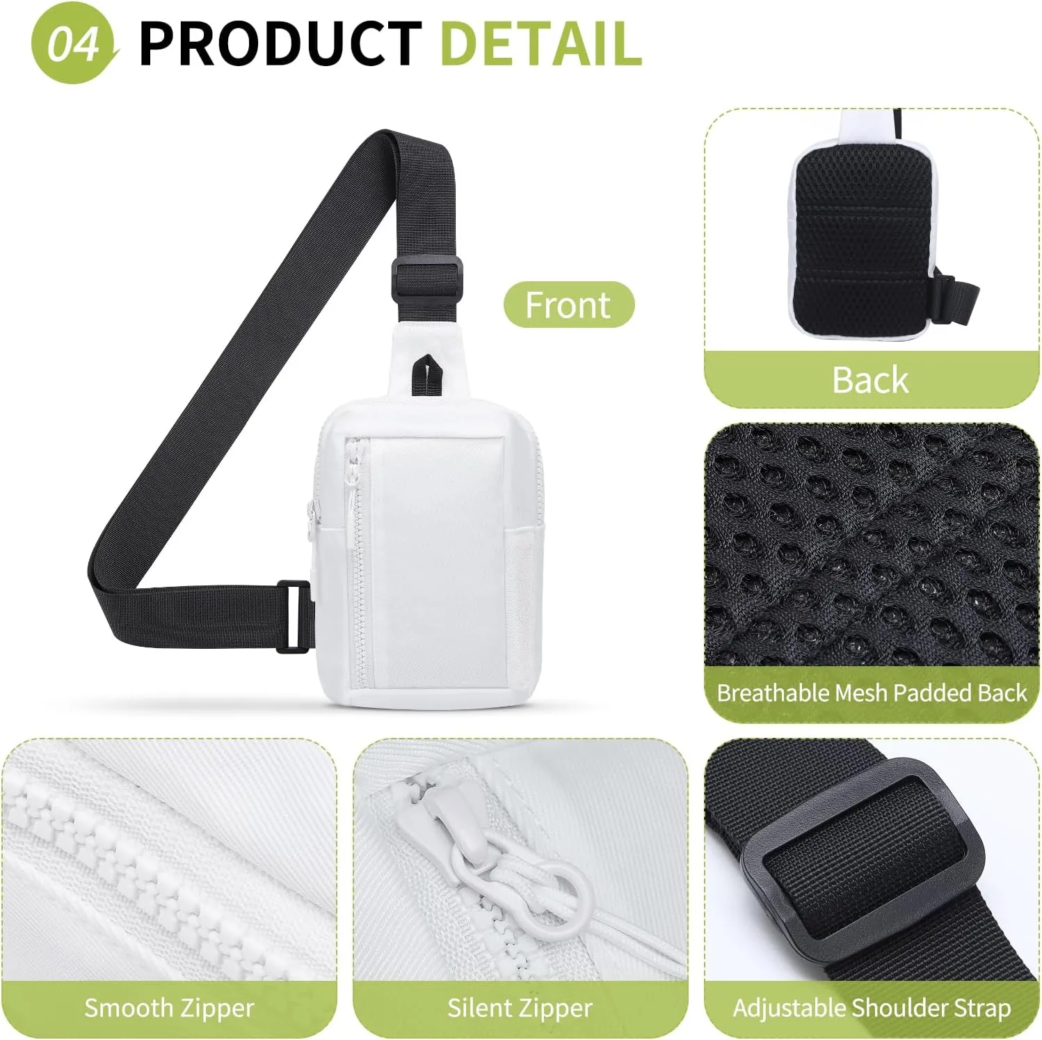 Mini Sling Bag for Men and Women, 7.5 Inch Small Anti Theft Crossbody Sling Backpack Nylon Chest Bag Fanny Pack for Travel Running Hiking (White)