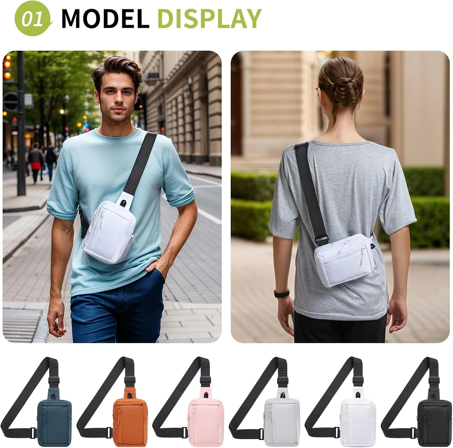 Mini Sling Bag for Men and Women, 7.5 Inch Small Anti Theft Crossbody Sling Backpack Nylon Chest Bag Fanny Pack for Travel Running Hiking (White)