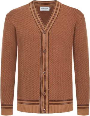 OXKNIT Men's Retro Brown Knitted Cardigan Sweater, 1960s Mod Style Long Sleeve Vintage Casual Tops