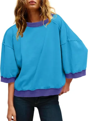 Panadila Womens Oversized Short Sleeve Sweatshirt Crewneck 3/4 Sleeve Tops Summer Cute Color Block Pullover Sweatshirt