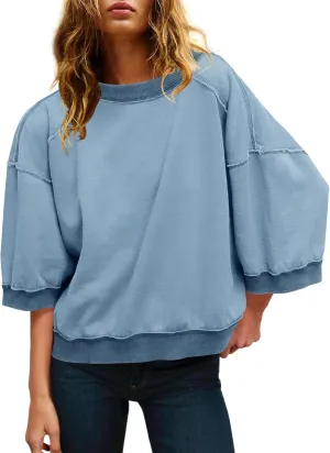 Panadila Womens Oversized Short Sleeve Sweatshirt Crewneck 3/4 Sleeve Tops Summer Cute Color Block Pullover Sweatshirt