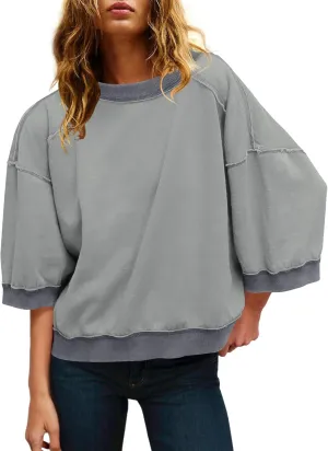 Panadila Womens Oversized Short Sleeve Sweatshirt Crewneck 3/4 Sleeve Tops Summer Cute Color Block Pullover Sweatshirt
