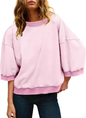 Panadila Womens Oversized Short Sleeve Sweatshirt Crewneck 3/4 Sleeve Tops Summer Cute Color Block Pullover Sweatshirt