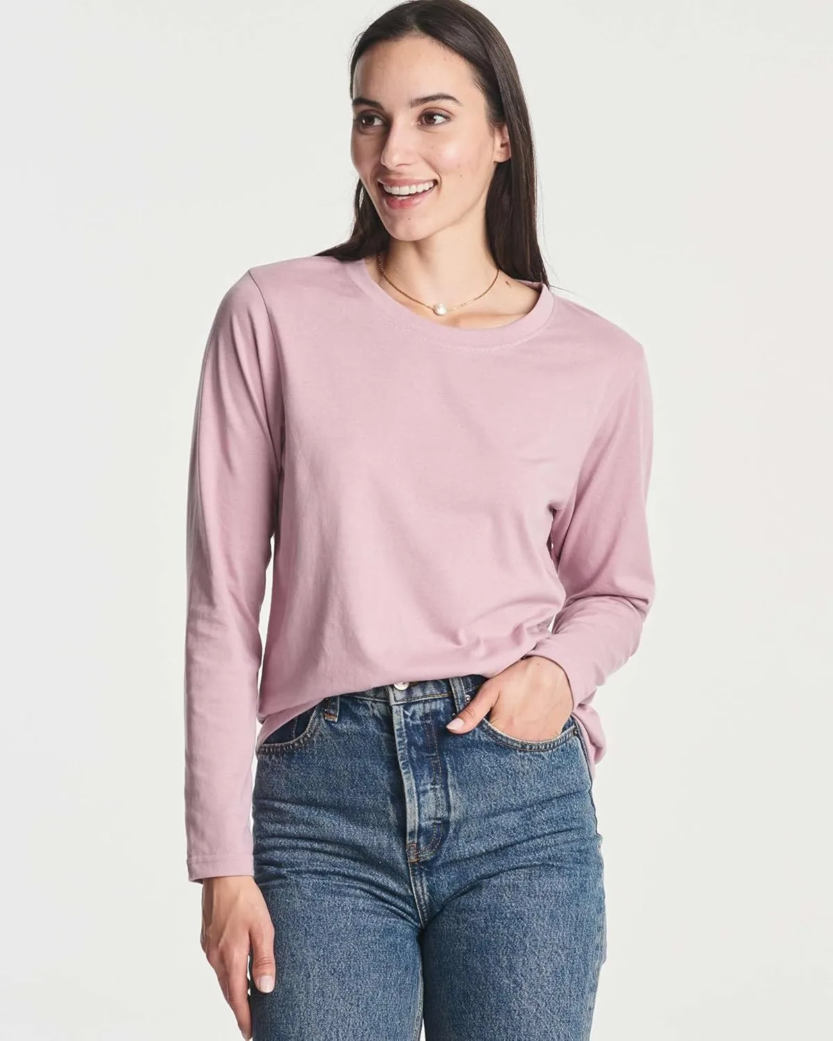 Real Essentials 4 Pack: Women's Cotton Classic-Fit Long-Sleeve Crewneck T-Shirt (Available in Plus Size)
