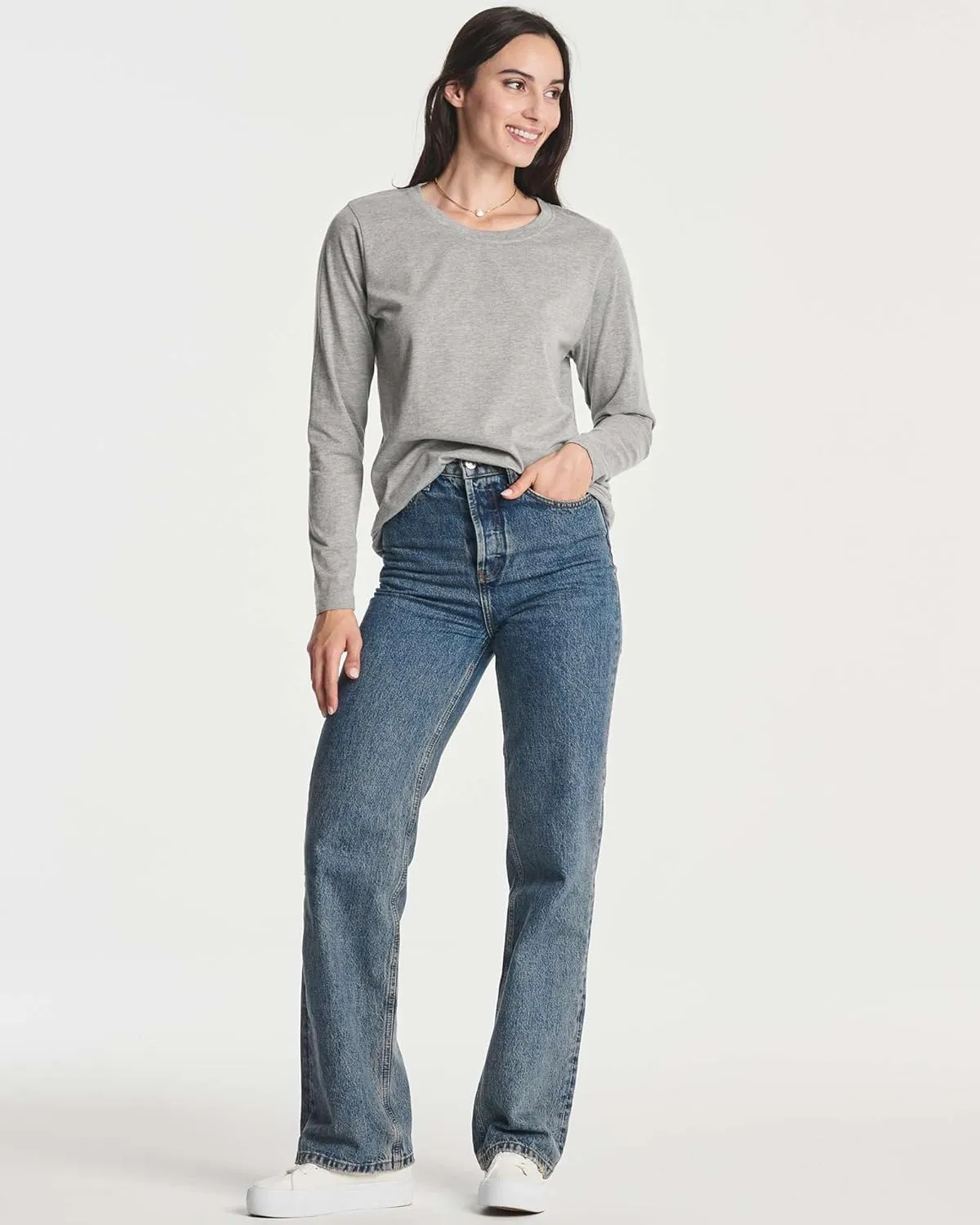 Real Essentials 4 Pack: Women's Cotton Classic-Fit Long-Sleeve Crewneck T-Shirt (Available in Plus Size)