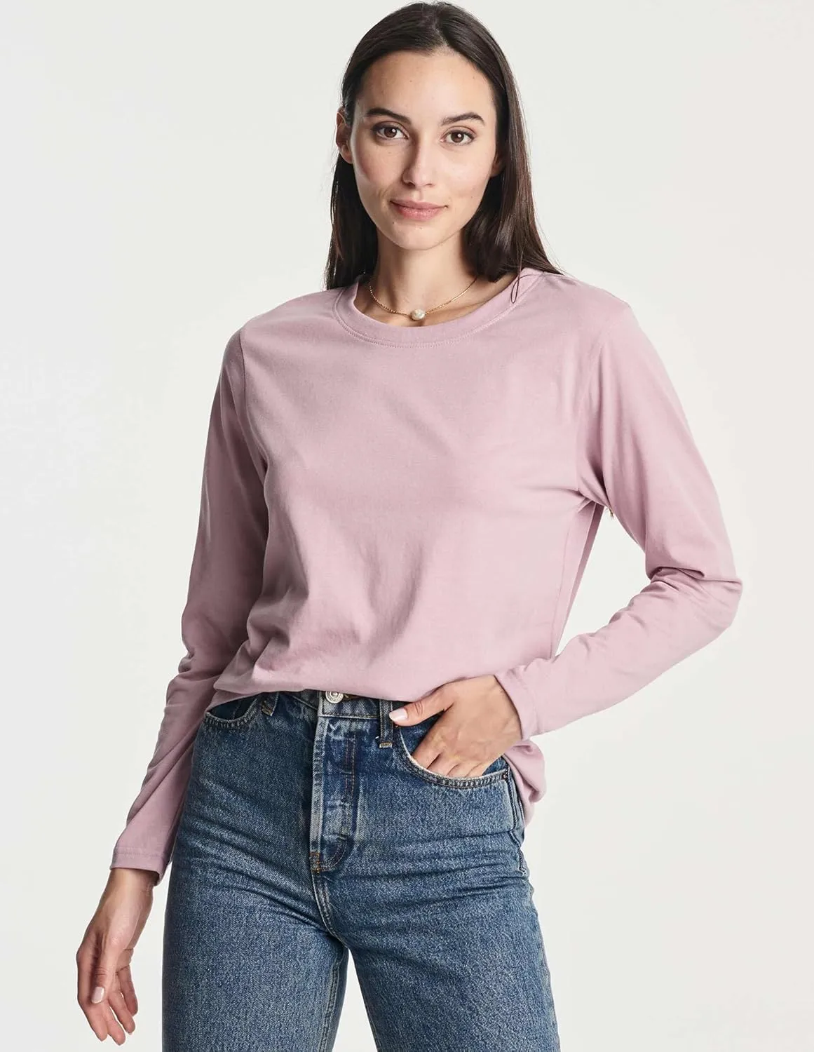Real Essentials 4 Pack: Women's Cotton Classic-Fit Long-Sleeve Crewneck T-Shirt (Available in Plus Size)