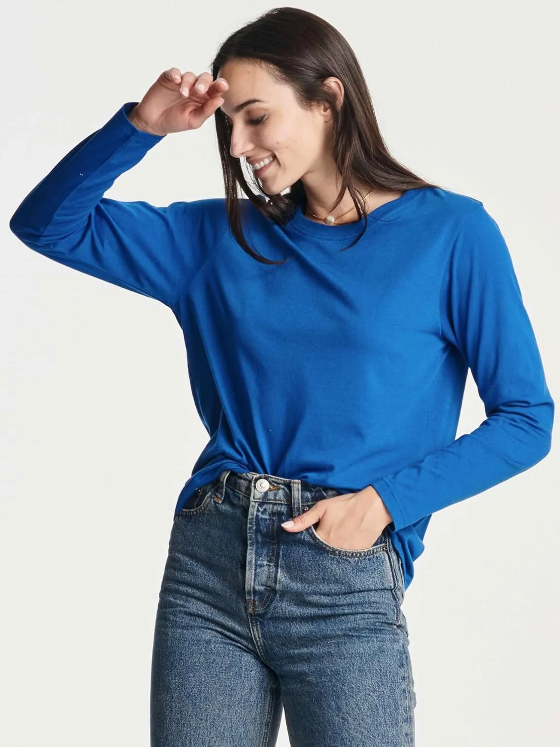 Real Essentials 4 Pack: Women's Cotton Classic-Fit Long-Sleeve Crewneck T-Shirt (Available in Plus Size)