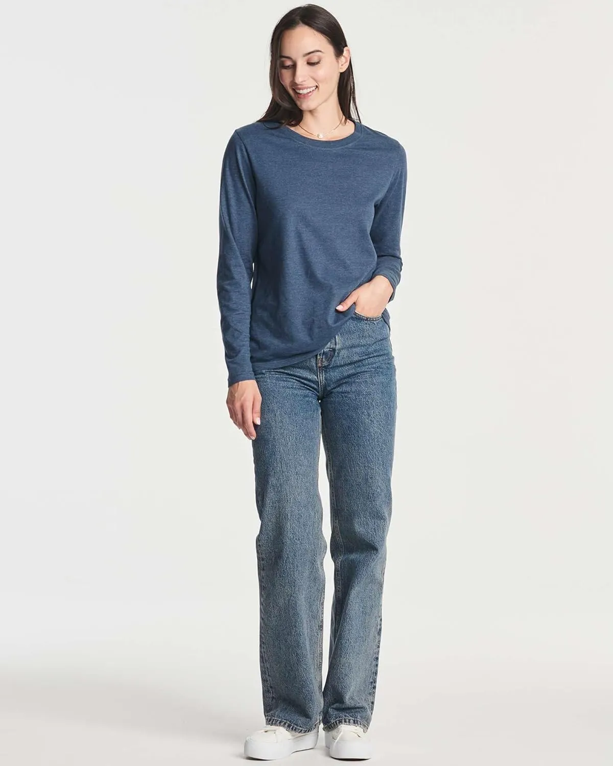 Real Essentials 4 Pack: Women's Cotton Classic-Fit Long-Sleeve Crewneck T-Shirt (Available in Plus Size)