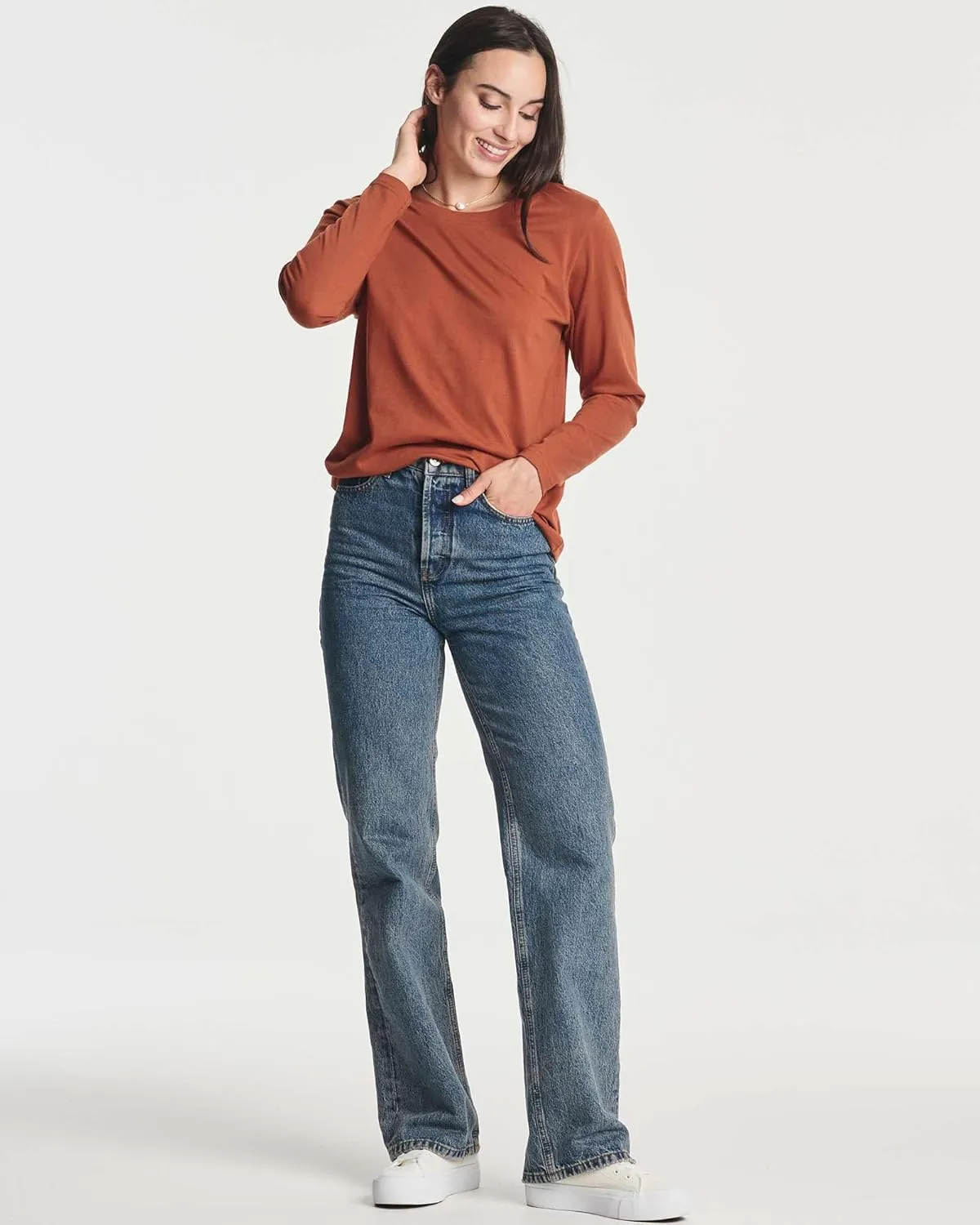 Real Essentials 4 Pack: Women's Cotton Classic-Fit Long-Sleeve Crewneck T-Shirt (Available in Plus Size)