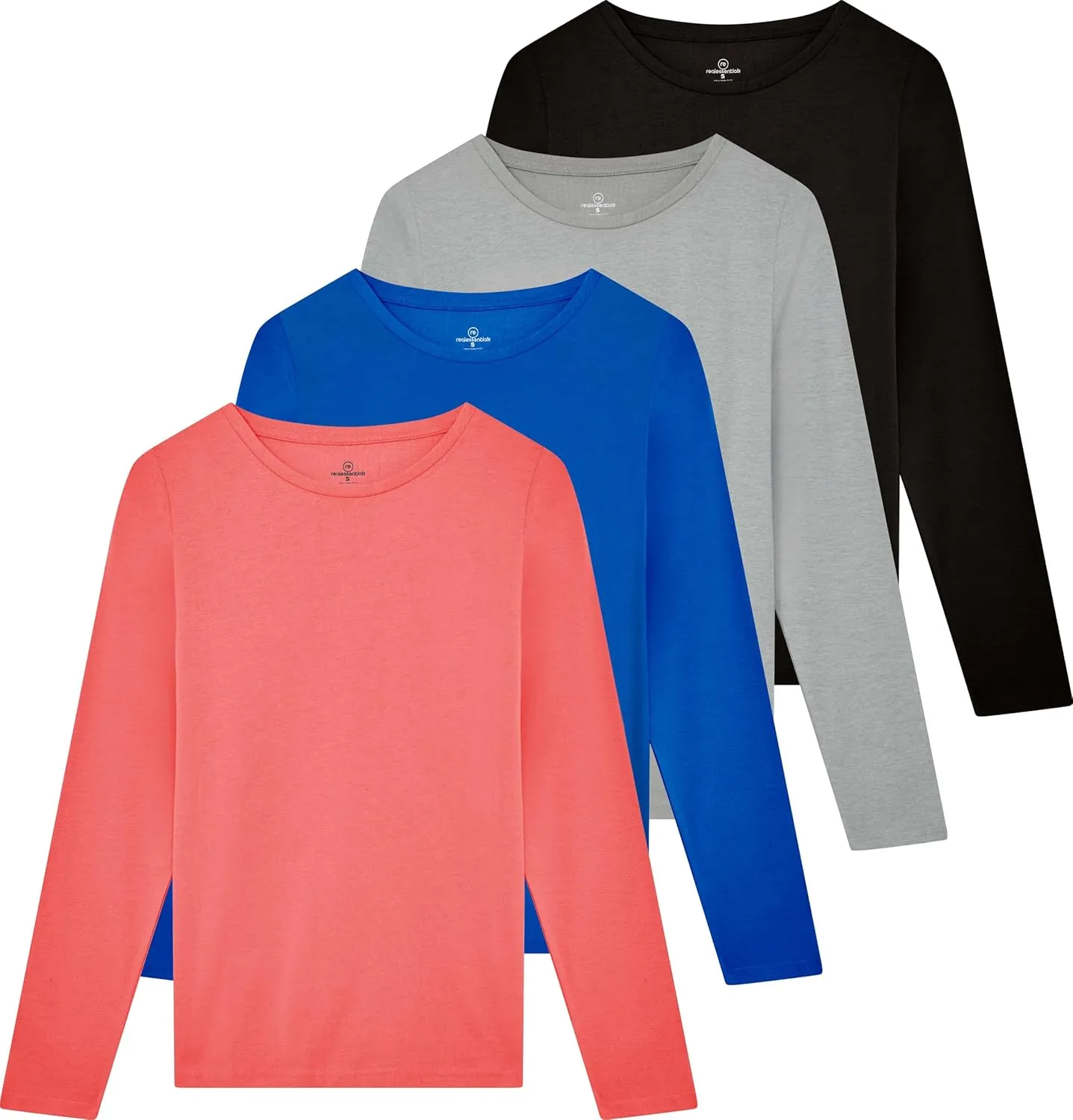 Real Essentials 4 Pack: Women's Cotton Classic-Fit Long-Sleeve Crewneck T-Shirt (Available in Plus Size)