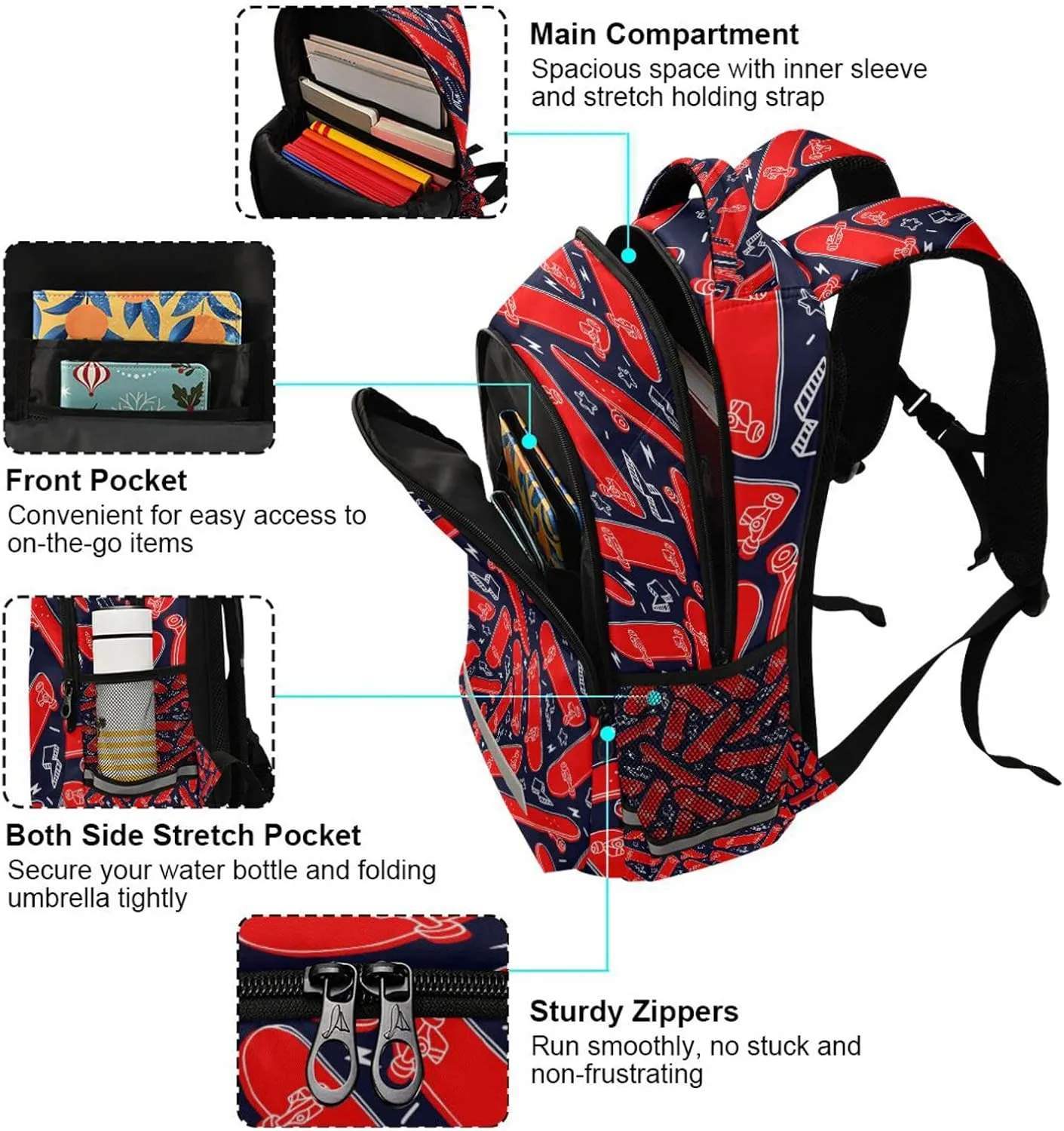 Red Skateboard Backpack for Girls Kids Boys School Bookbags, Student Laptop Backpack Carrying Bag Casual Lightweight Travel Sports Day Packs
