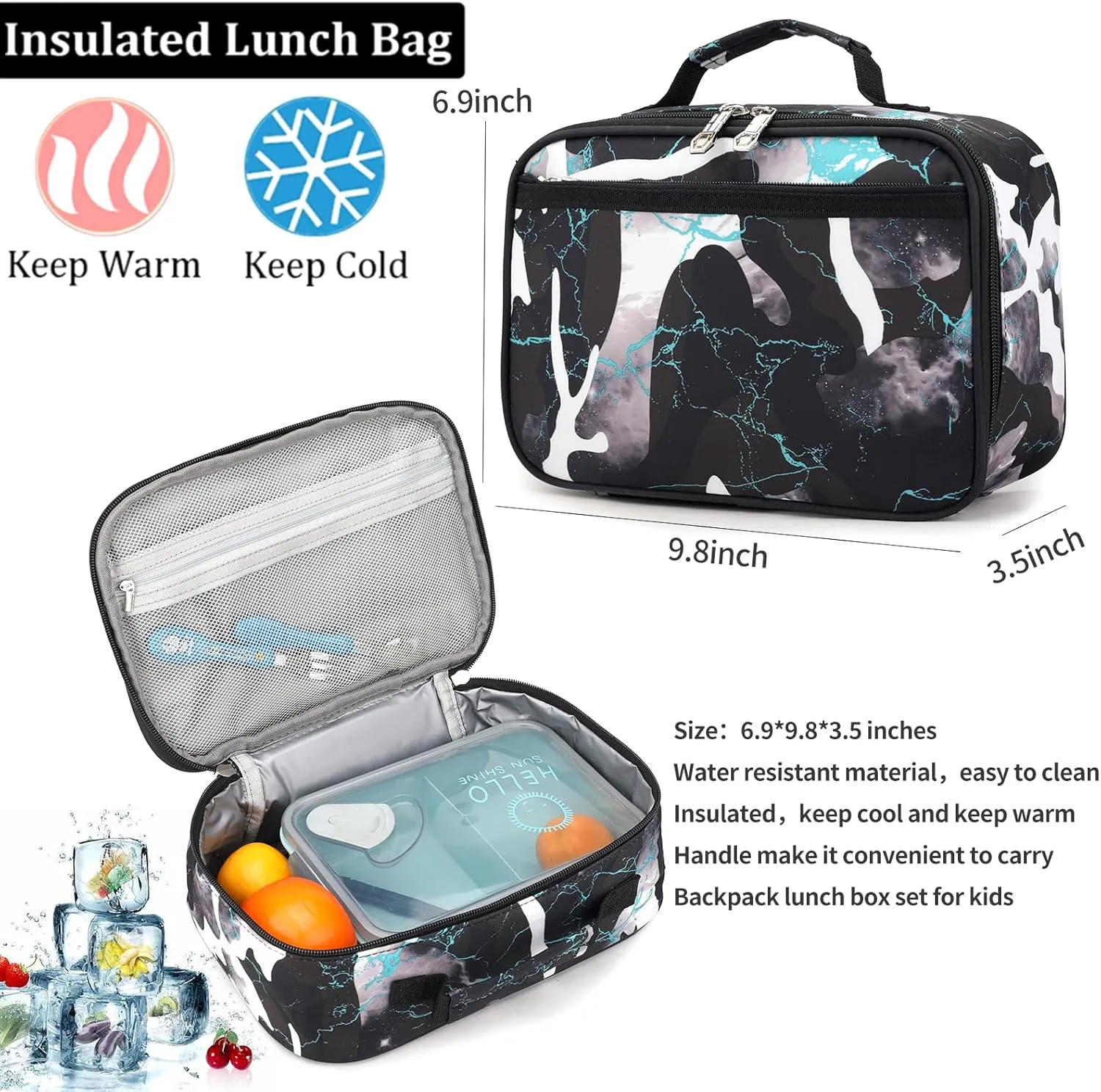 School Backpack Lunch Box Set Water Repellent Casual Daypack Lightweight Bookbags for Kids (A-style Camo Black Green)