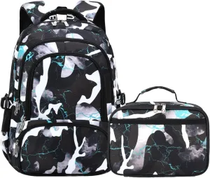 School Backpack Lunch Box Set Water Repellent Casual Daypack Lightweight Bookbags for Kids (A-style Camo Black Green)