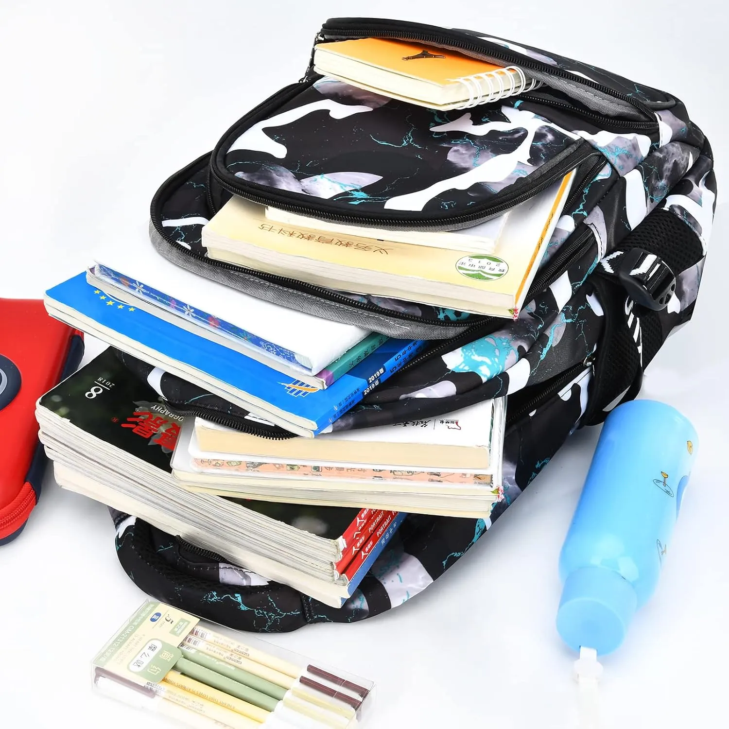 School Backpack Lunch Box Set Water Repellent Casual Daypack Lightweight Bookbags for Kids (A-style Camo Black Green)