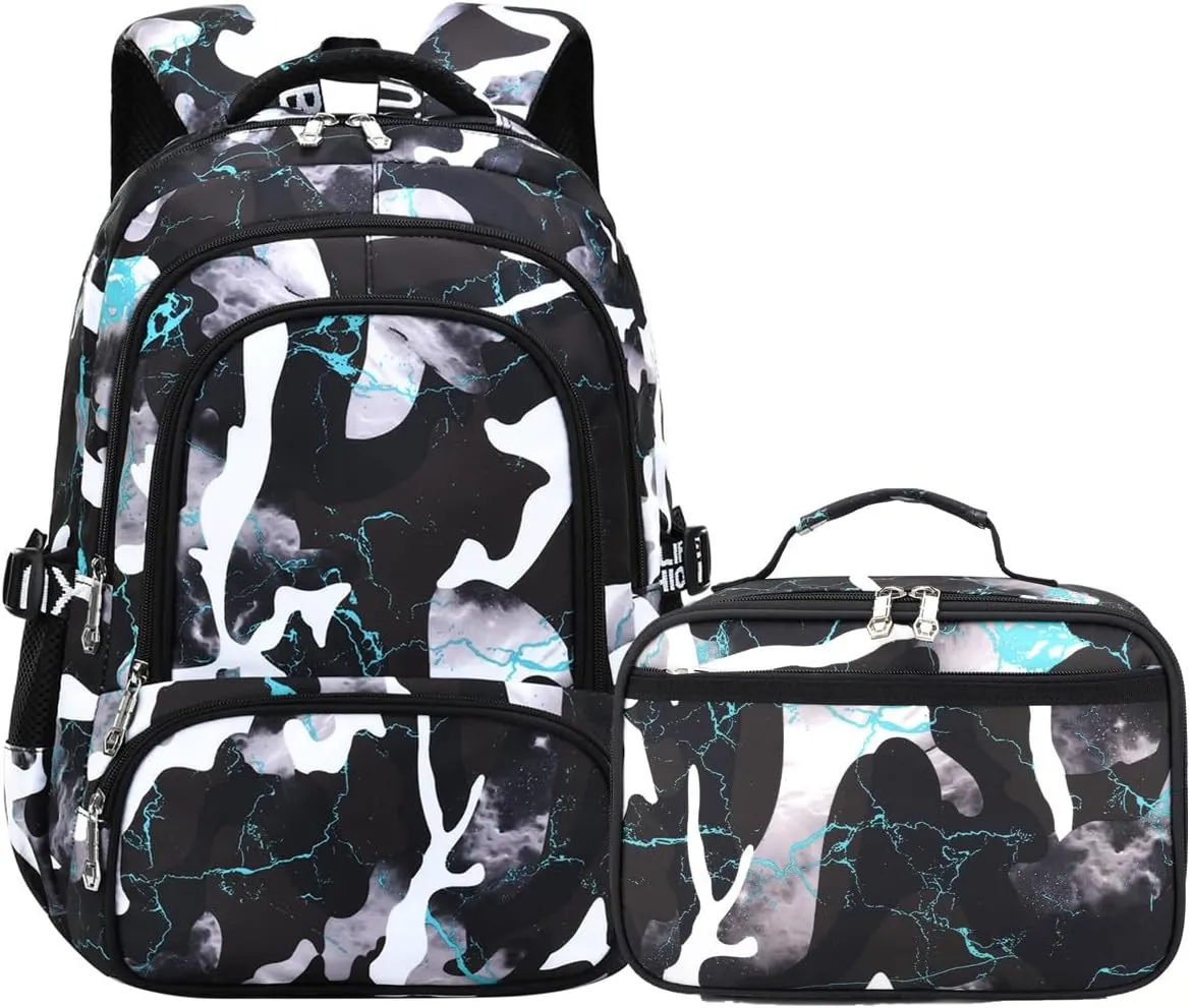 School Backpack Lunch Box Set Water Repellent Casual Daypack Lightweight Bookbags for Kids (A-style Camo Black Green)