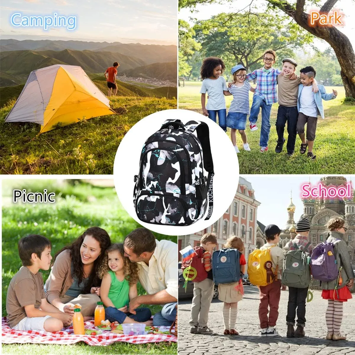 School Backpack Lunch Box Set Water Repellent Casual Daypack Lightweight Bookbags for Kids (A-style Camo Black Green)