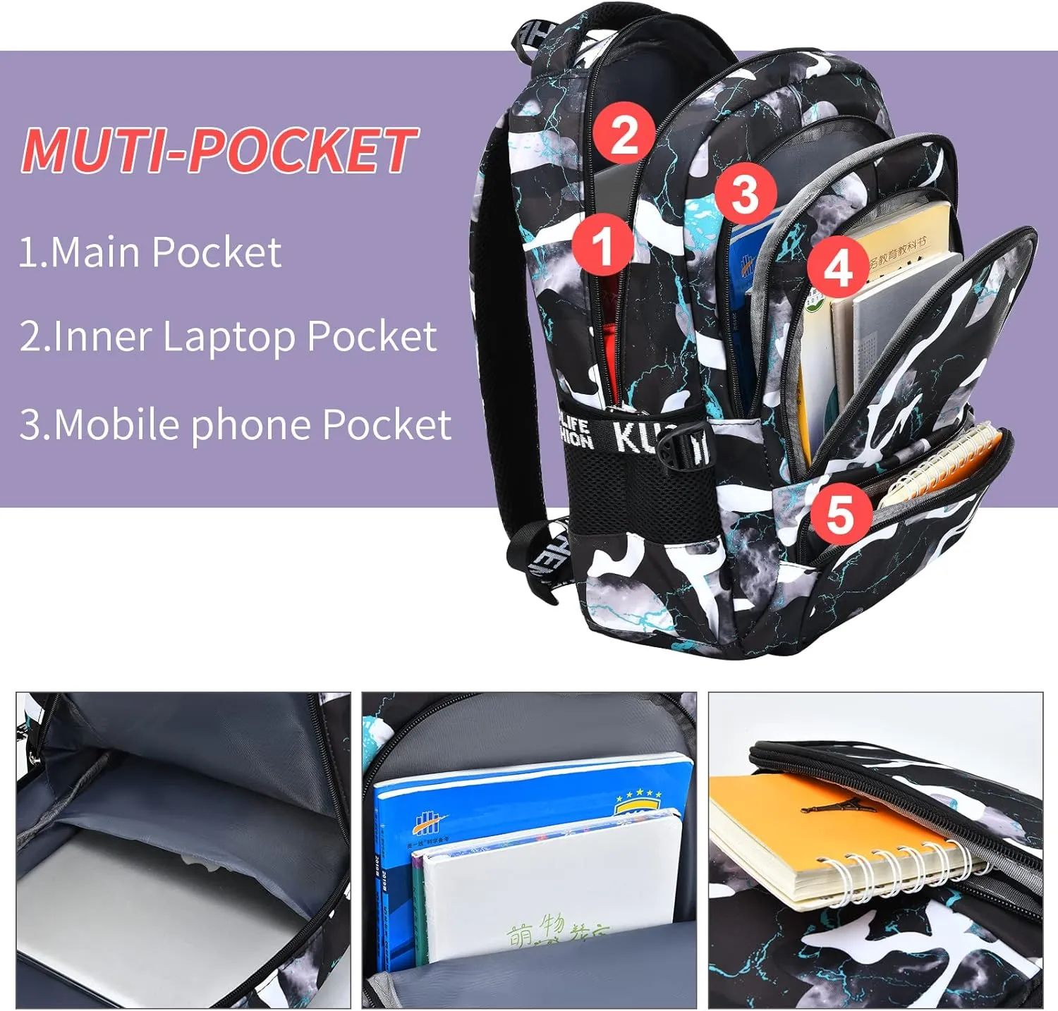 School Backpack Lunch Box Set Water Repellent Casual Daypack Lightweight Bookbags for Kids (A-style Camo Black Green)