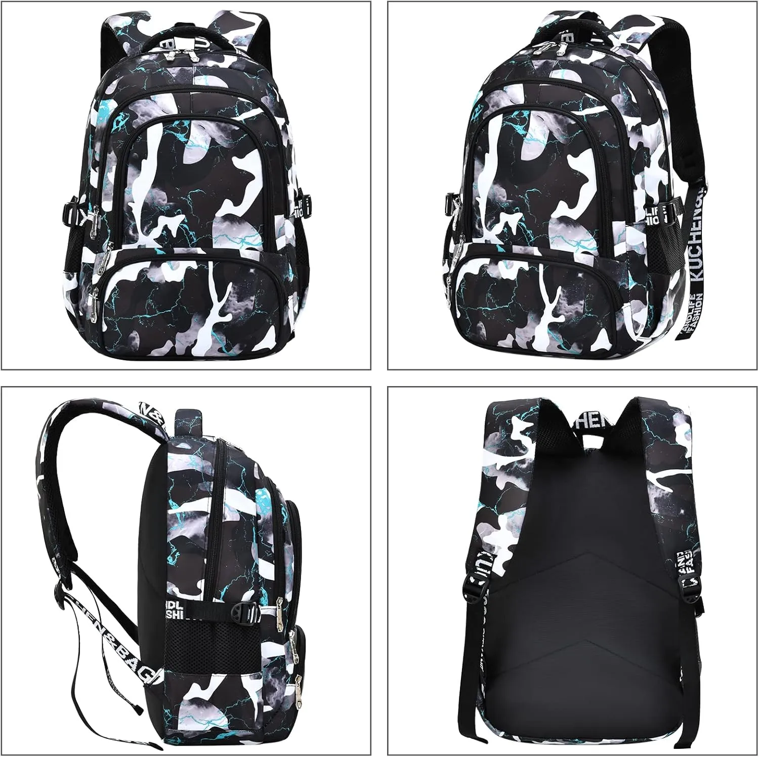 School Backpack Lunch Box Set Water Repellent Casual Daypack Lightweight Bookbags for Kids (A-style Camo Black Green)