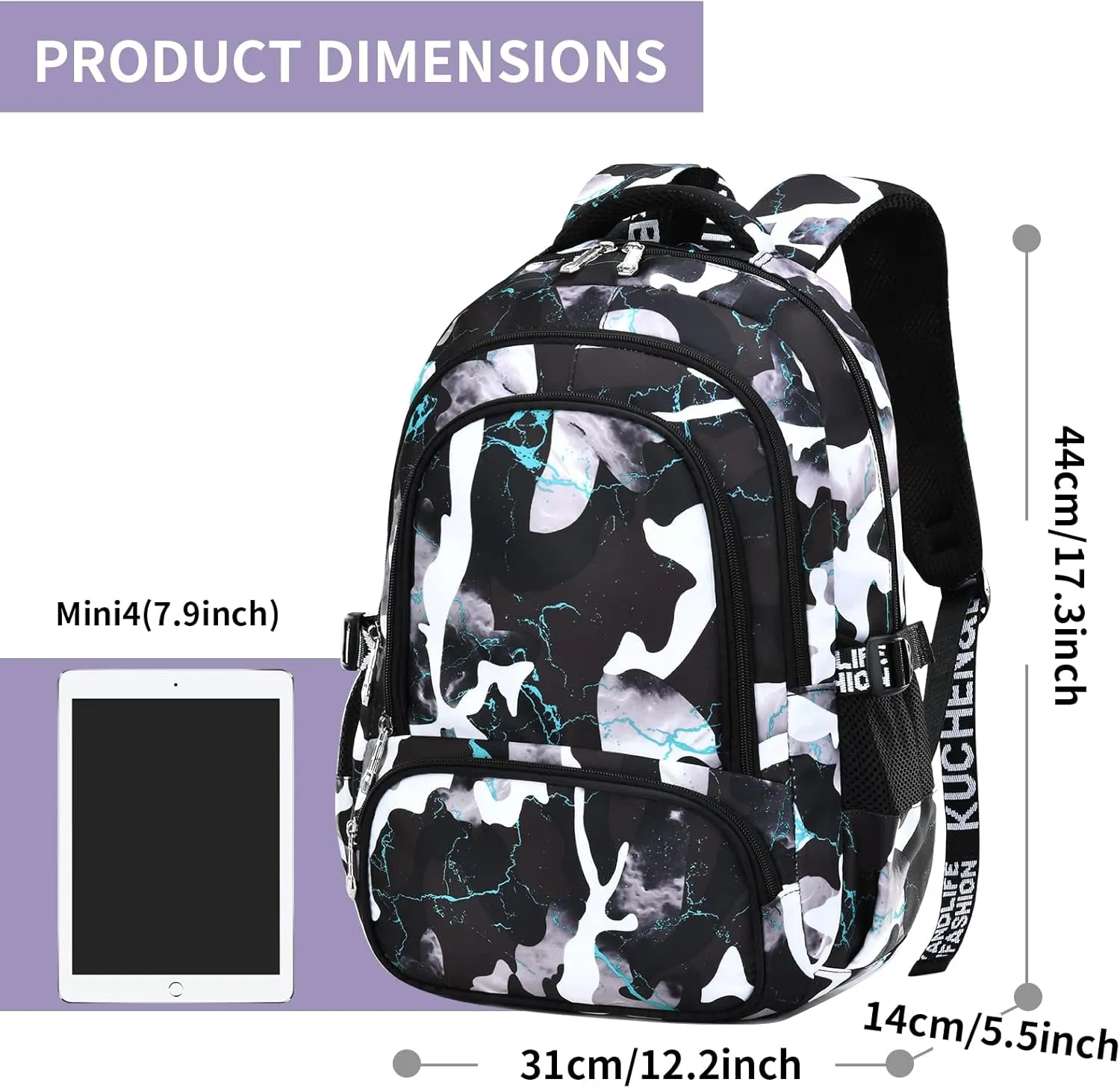 School Backpack Lunch Box Set Water Repellent Casual Daypack Lightweight Bookbags for Kids (A-style Camo Black Green)