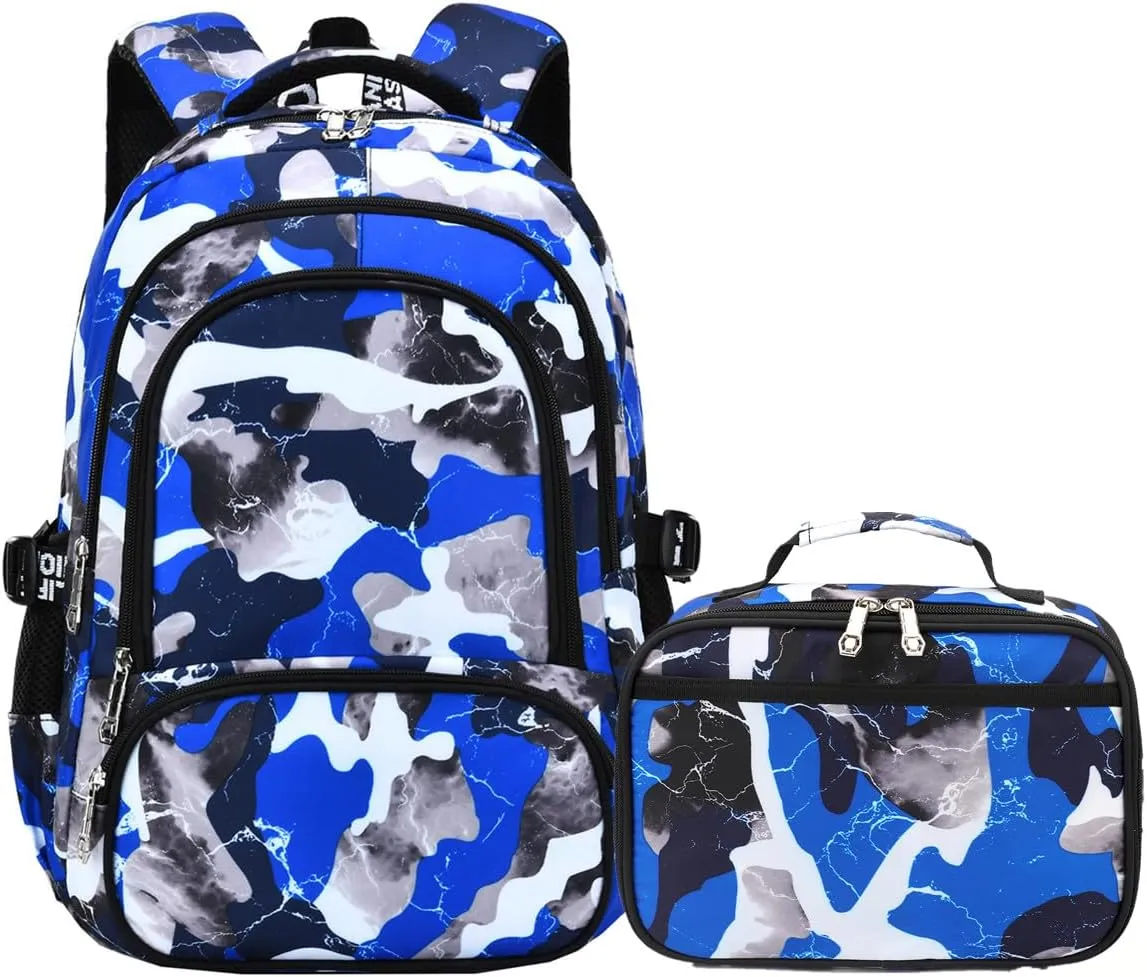 School Backpack Lunch Box Set Water Repellent Casual Daypack Lightweight Bookbags for Kids (A-style Camo Blue)