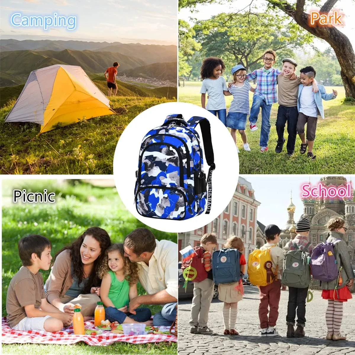 School Backpack Lunch Box Set Water Repellent Casual Daypack Lightweight Bookbags for Kids (A-style Camo Blue)