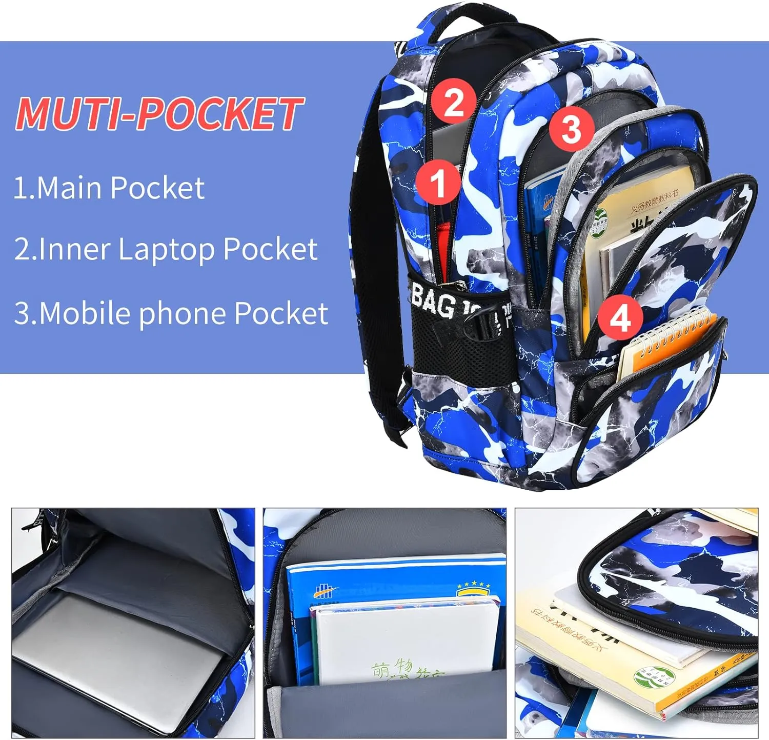School Backpack Lunch Box Set Water Repellent Casual Daypack Lightweight Bookbags for Kids (A-style Camo Blue)