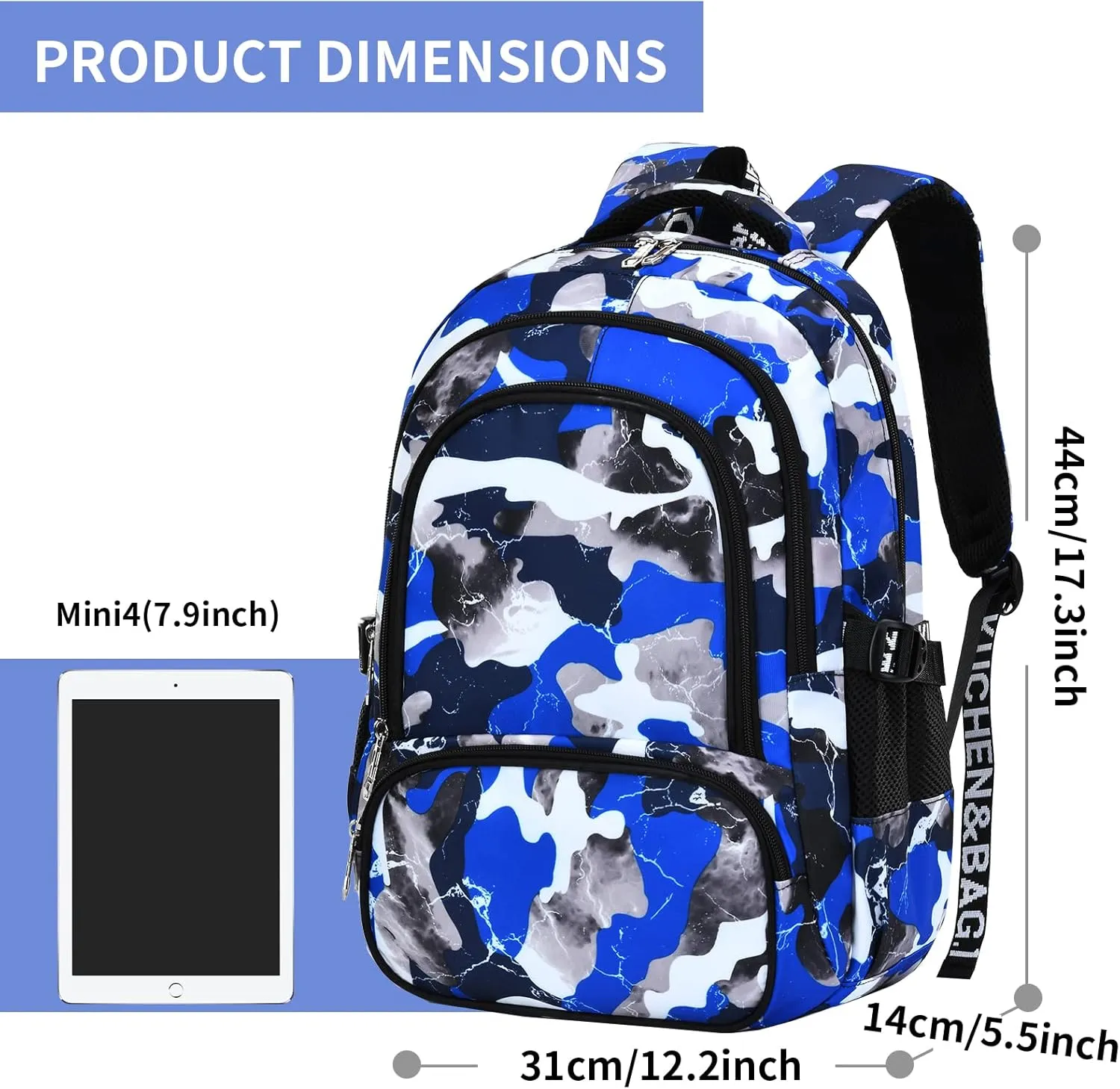 School Backpack Lunch Box Set Water Repellent Casual Daypack Lightweight Bookbags for Kids (A-style Camo Blue)
