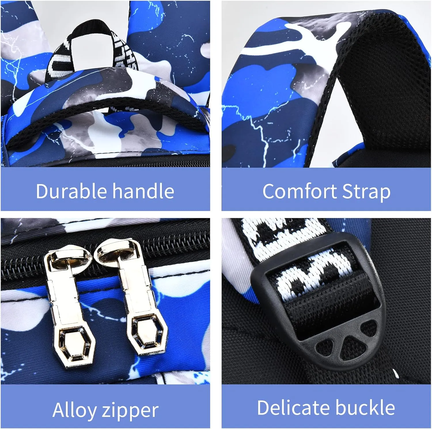 School Backpack Lunch Box Set Water Repellent Casual Daypack Lightweight Bookbags for Kids (A-style Camo Blue)