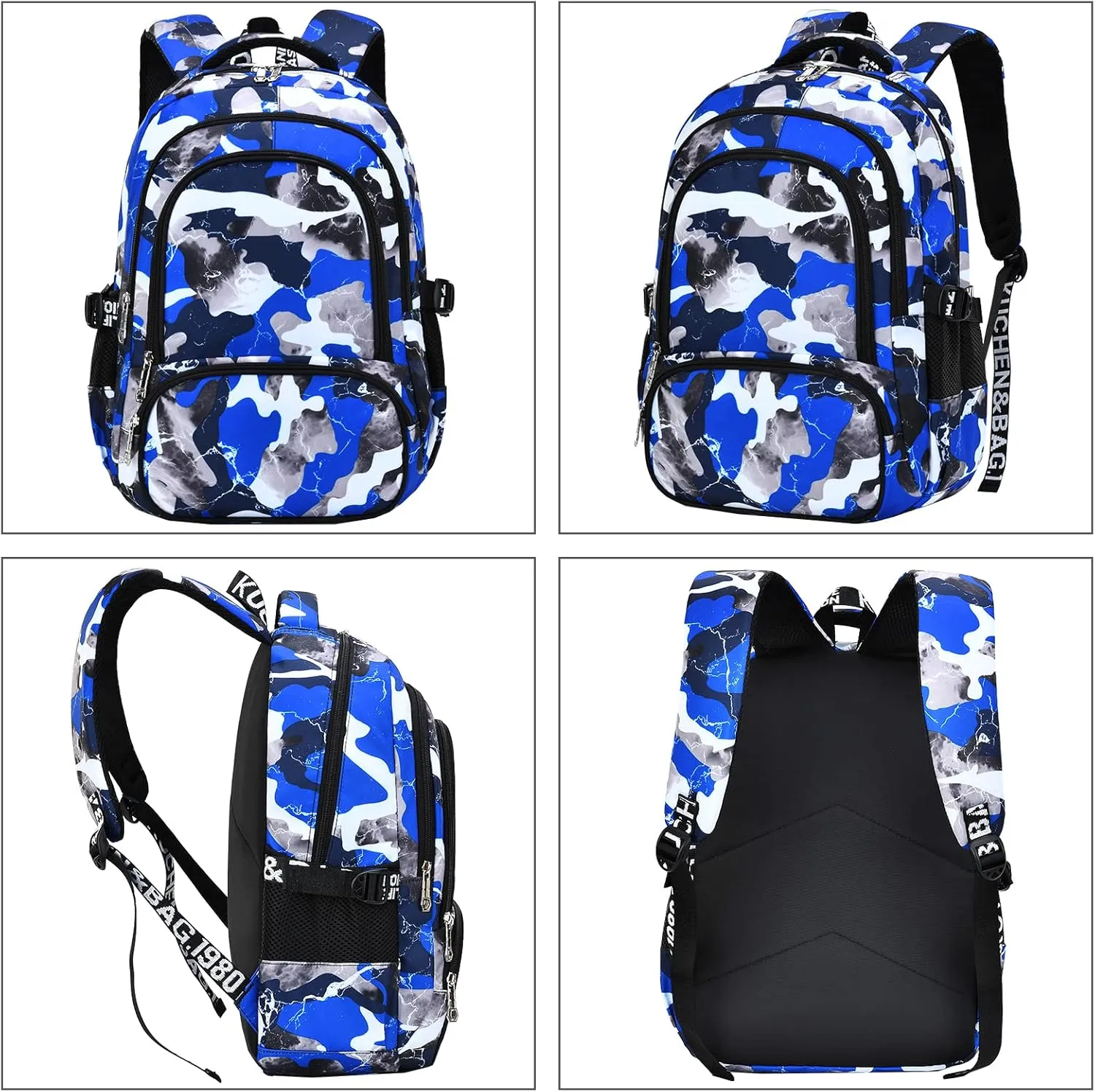 School Backpack Lunch Box Set Water Repellent Casual Daypack Lightweight Bookbags for Kids (A-style Camo Blue)