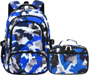 School Backpack Lunch Box Set Water Repellent Casual Daypack Lightweight Bookbags for Kids (A-style Camo Blue)