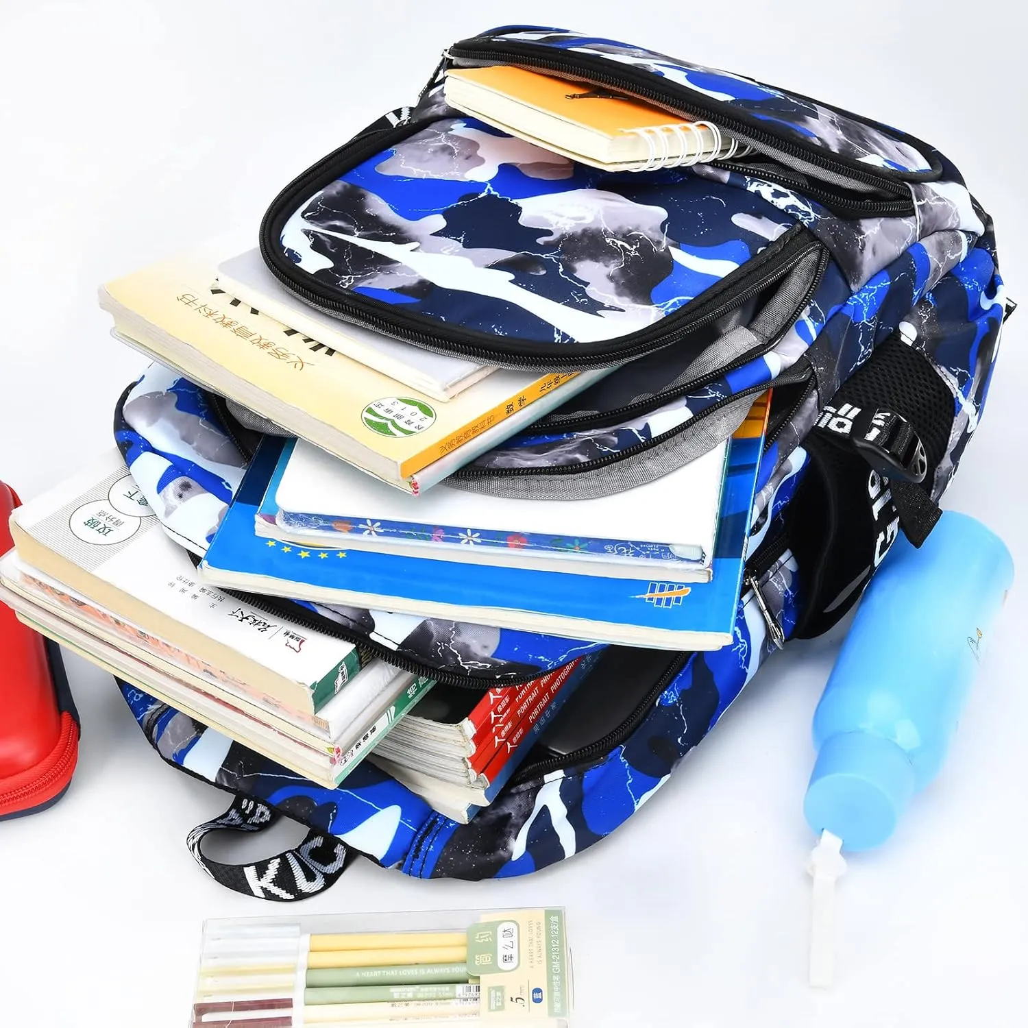 School Backpack Lunch Box Set Water Repellent Casual Daypack Lightweight Bookbags for Kids (A-style Camo Blue)